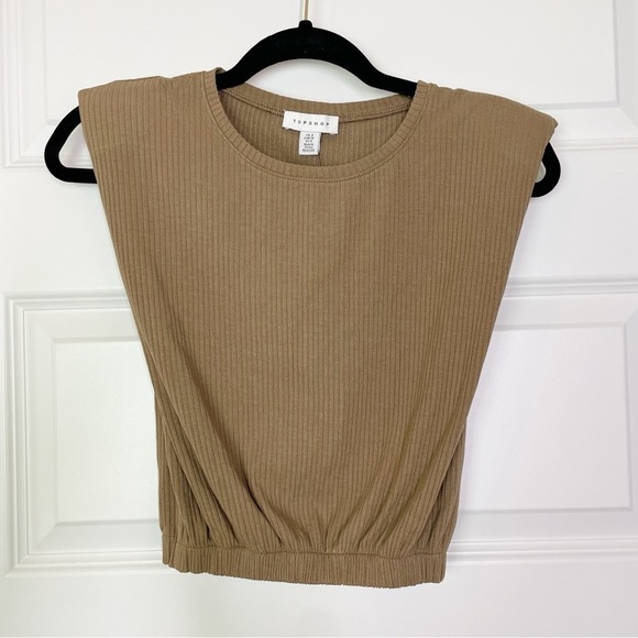 New Topshop ASOS Ribbed Shoulder Pad Tank in Tan US Size 4 - Picture 3 of 9